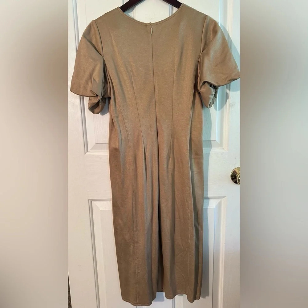 COS M Glossy Minimalist Taupe Puff Bubble Short Sleeve Shift Scandi Style Dress - Picture 5 of 16